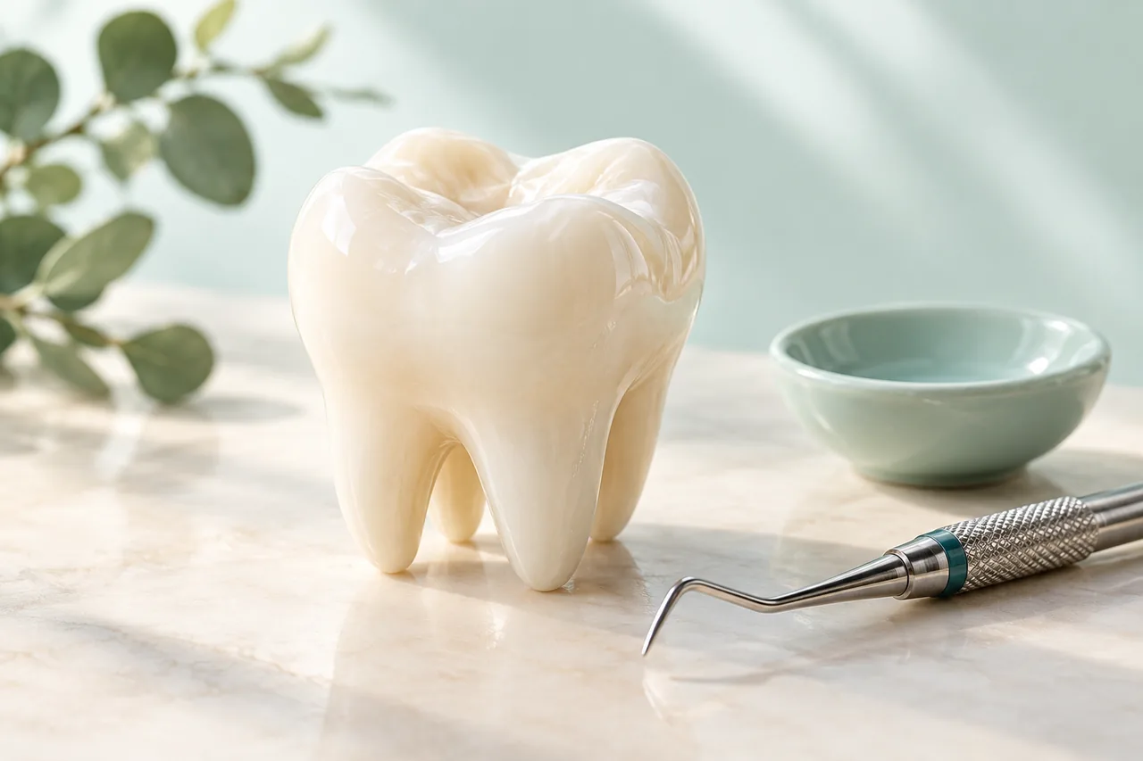 Ilustração de dente e instrumento odontológico para dentística.