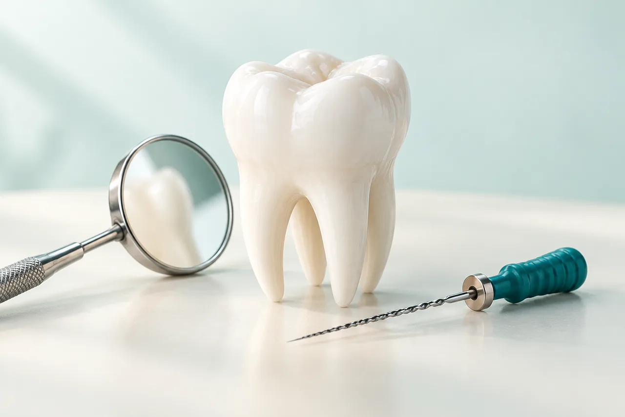 Ilustração de molar, lente de ampliação e instrumento de endodontia.
