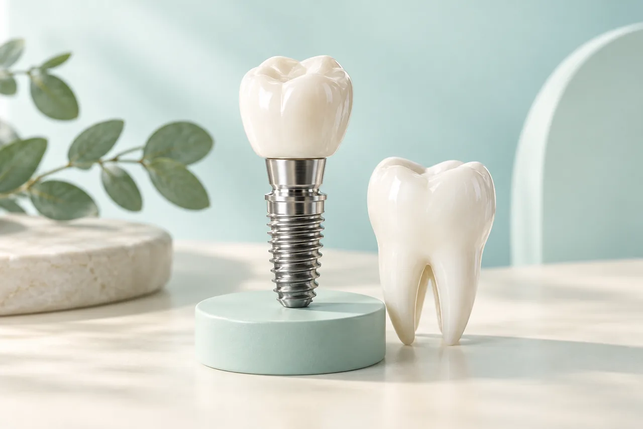 Ilustração de implante e coroa dentária sobre base suave.