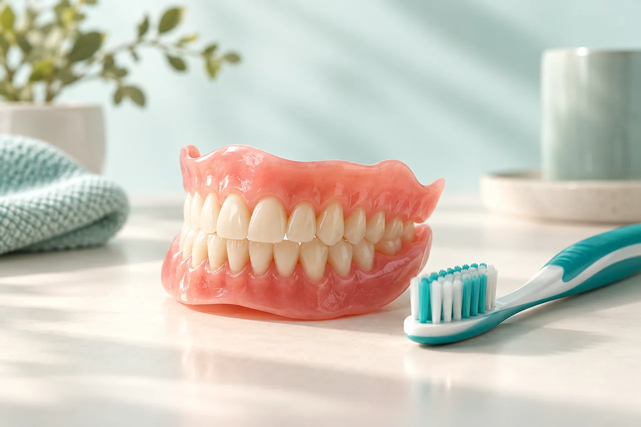 Ilustração de prótese dentária e escova para cuidado bucal na maturidade.