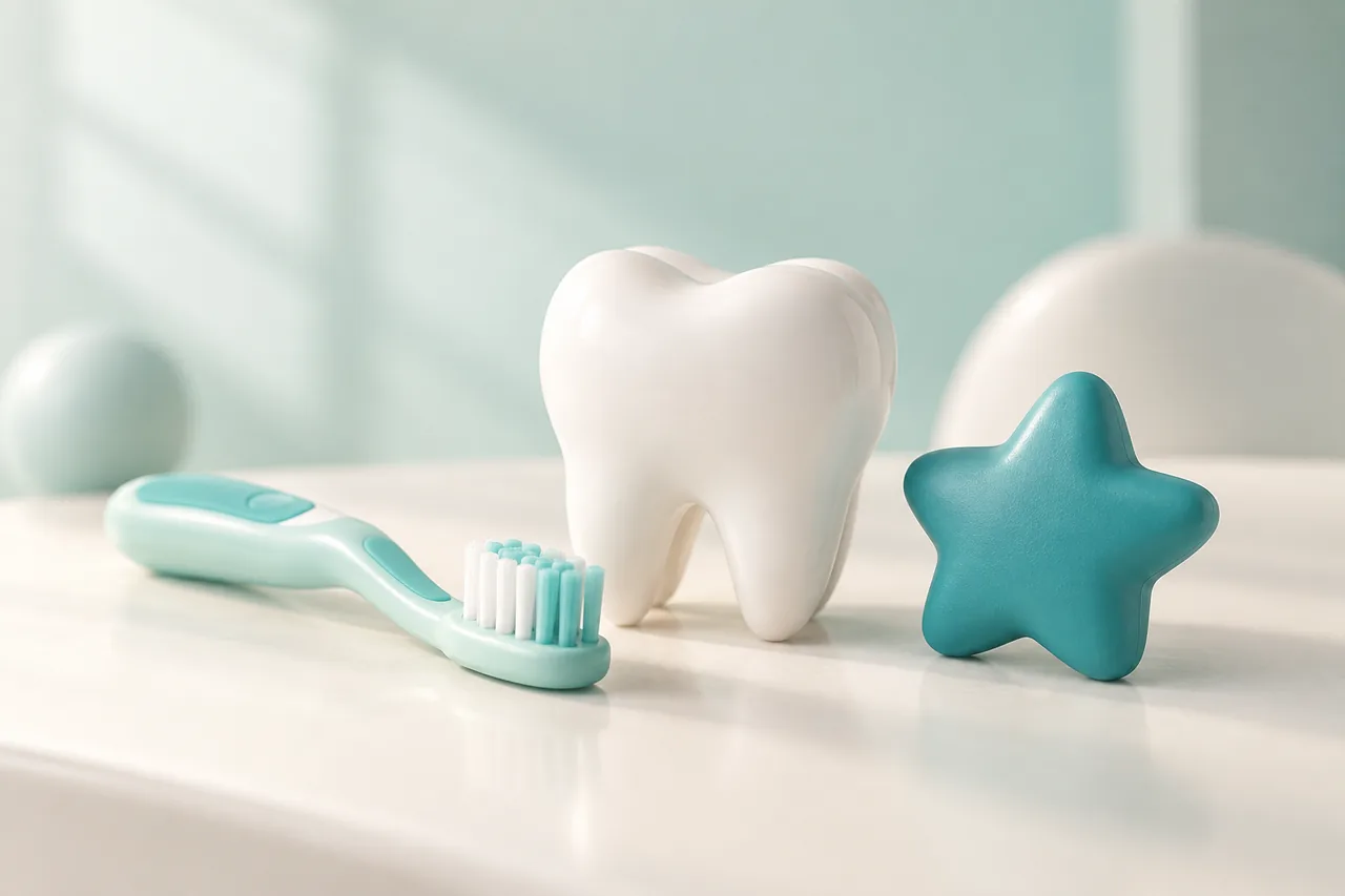 Ilustração de dente, escova infantil e estrela decorativa.