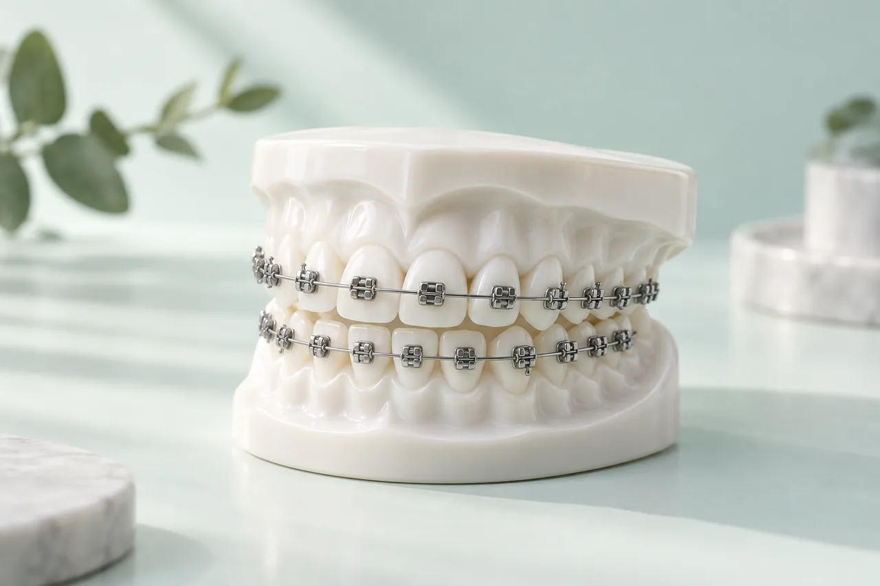 Ilustração de modelo dentário com aparelho ortodôntico fixo.