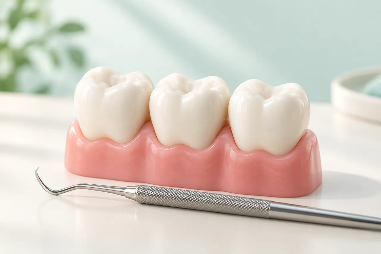 Ilustração de dentes, gengiva e instrumento de cuidado periodontal.