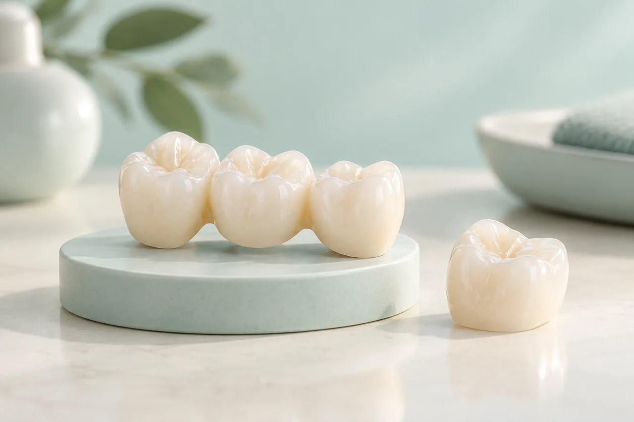 Ilustração de ponte e coroa cerâmica para prótese dentária.