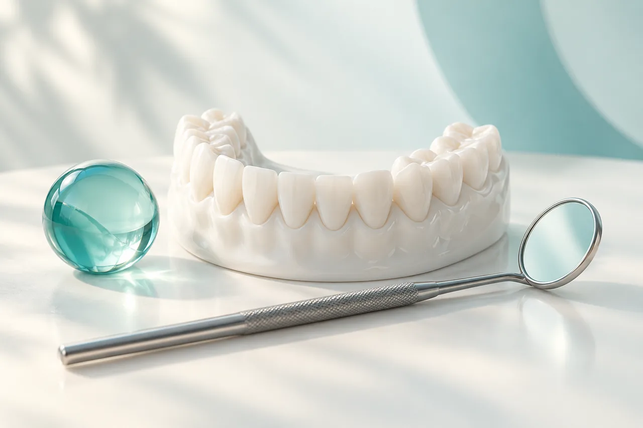 Ilustração de modelo de arcada dentária e espelho odontológico.