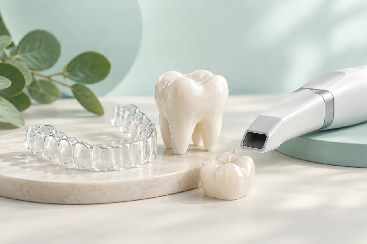 Ilustração de alinhador, coroa dentária e scanner intraoral.