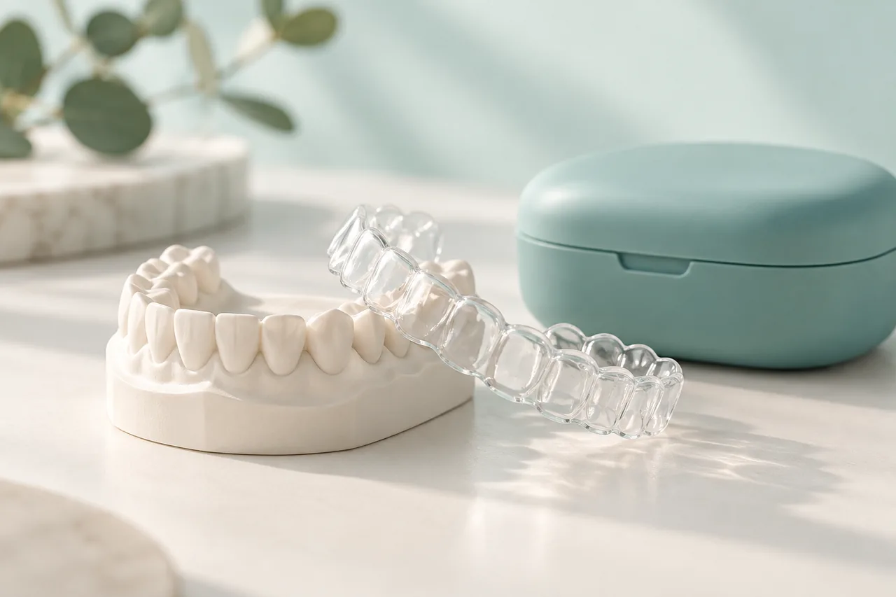 Ilustração de alinhador transparente, modelo dentário e estojo.