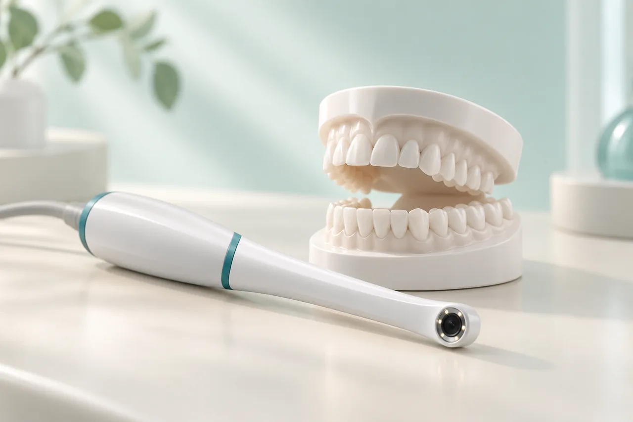 Ilustração de câmera intraoral e modelo de arcada dentária.