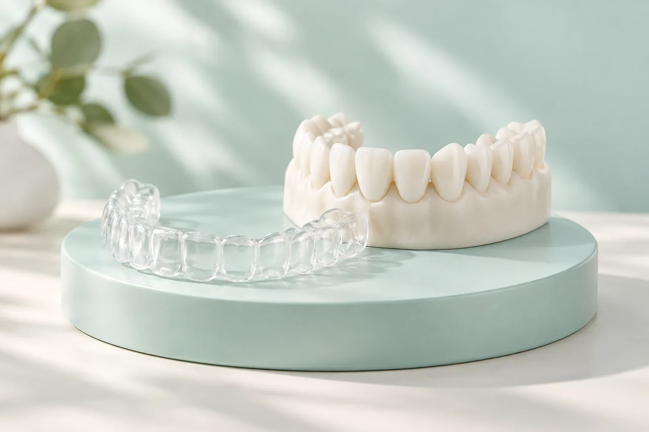 Ilustração de moldeira e modelo dentário para clareamento.