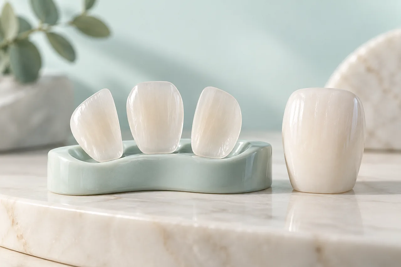 Ilustração de lâminas cerâmicas e modelo de dente anterior.
