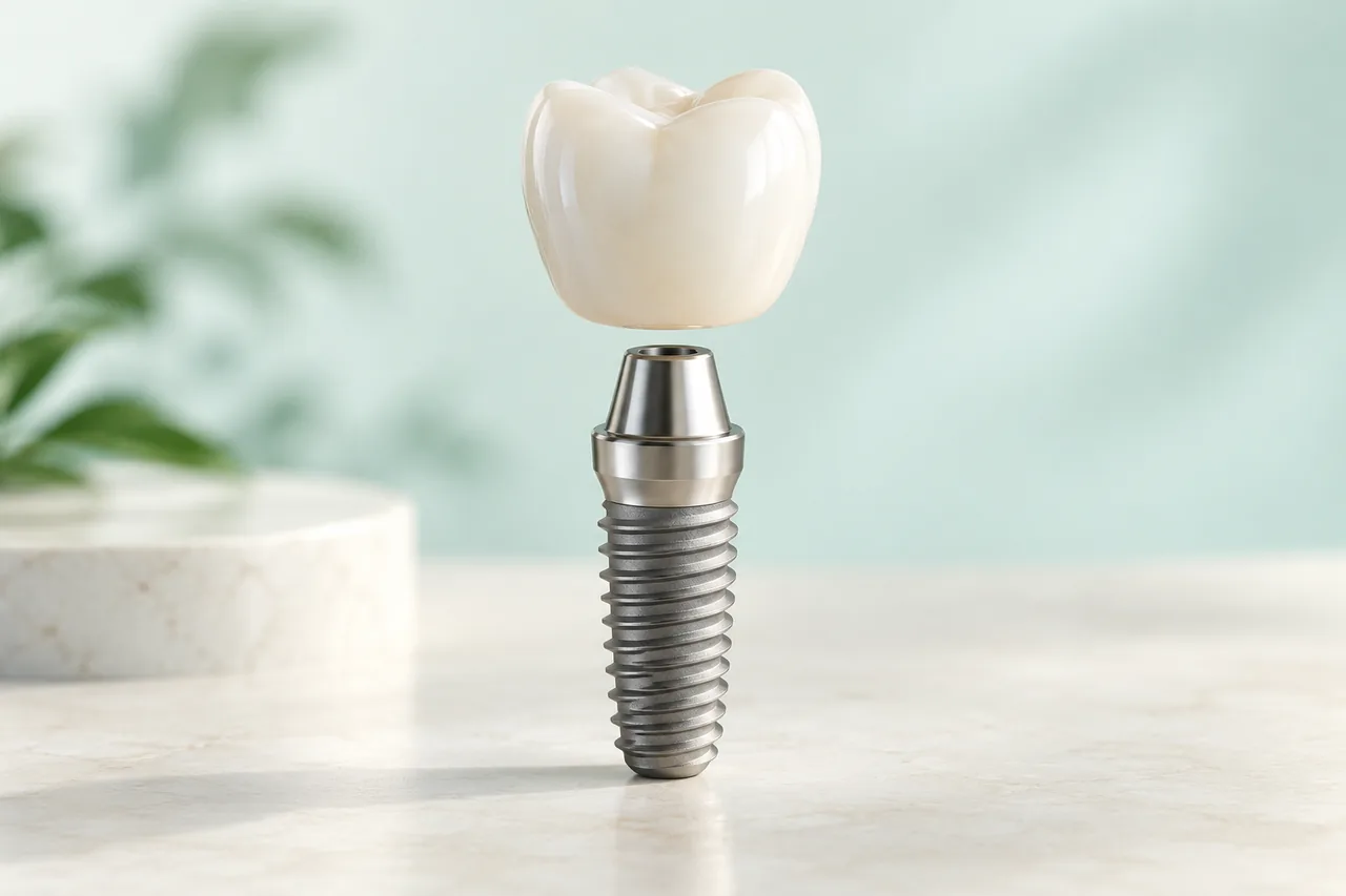 Ilustração de implante dentário e coroa cerâmica separados.