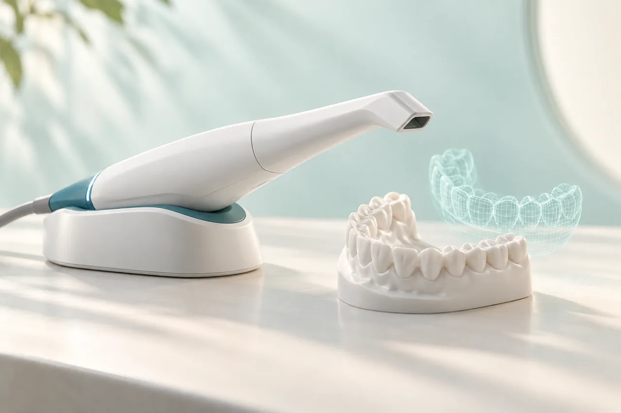 Ilustração de scanner intraoral e modelo digital de arcada.